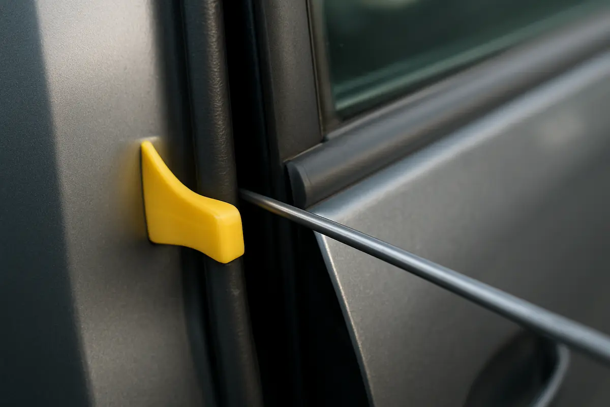 باز کردن لای درب خودرو با اهرم پلاستیکی و میله فلزی برای بیرون آوردن سوئیچ