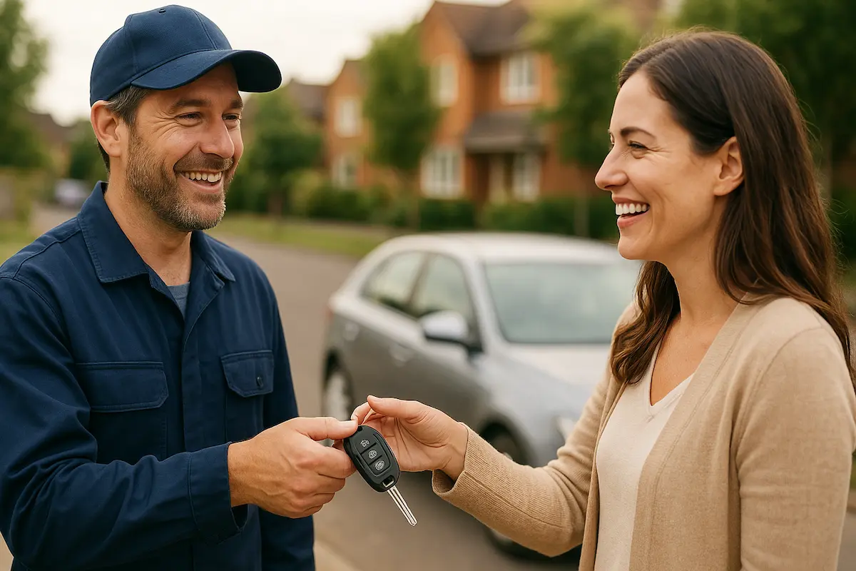 تحویل سوئیچ جدید خودرو به مشتری توسط تکنسین جت کلید در محل